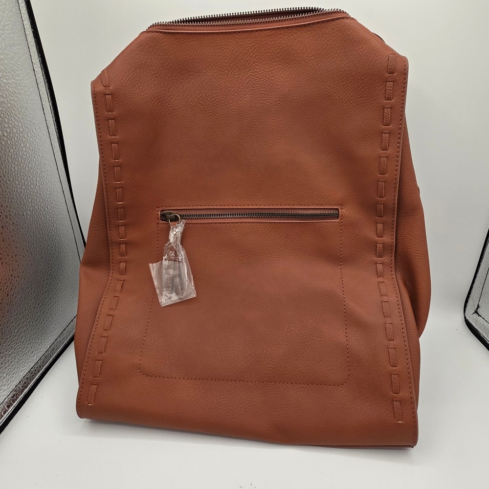 Urban Expressions Ruth Tan Vegan Leather Backpack Whipstitch Detail NWT